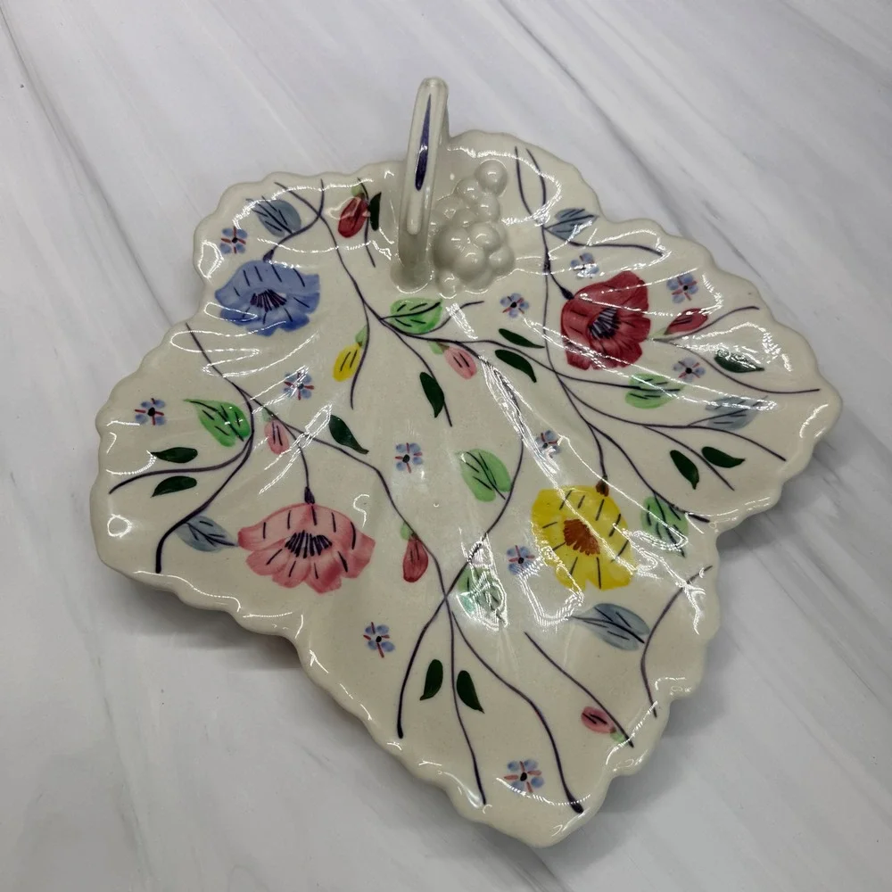 Blue Ridge Southern Potteries Hand Painted Floral Leaf Tray Grape Handle Dish